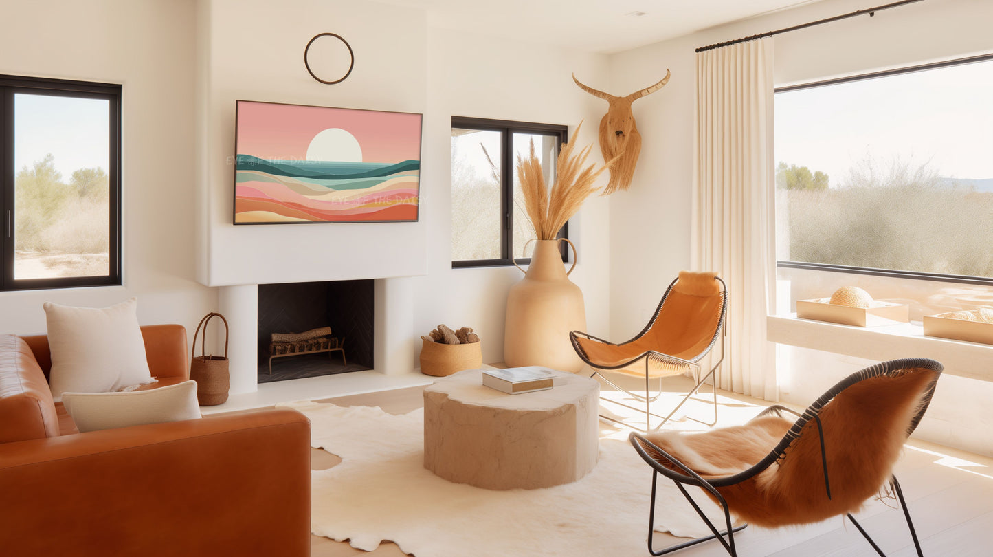 Pink Orange Teal Minimal Sea Sunset 4K TV Art | Mid Century Modern Coastal TV Art 4K