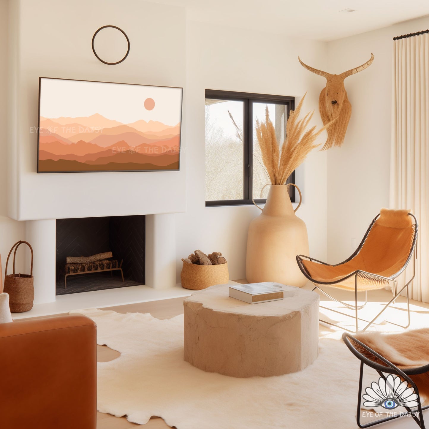 Calm neutral mountain landscape digital art for Frame TV featuring soft earth tones and layered mountain silhouettes