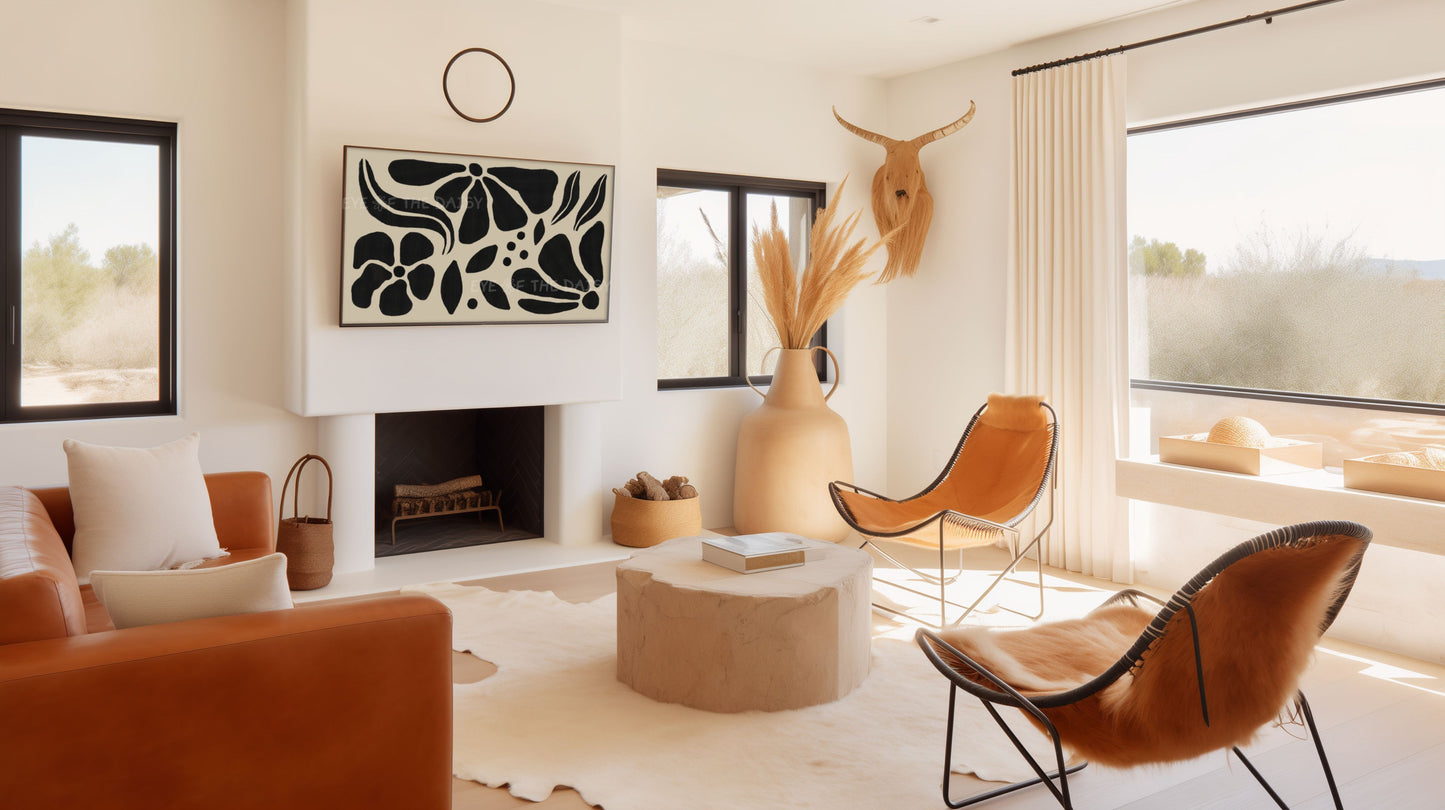 Black Beige Abstract Floral 4K TV Art | Boho Botanical Art for TV Screen