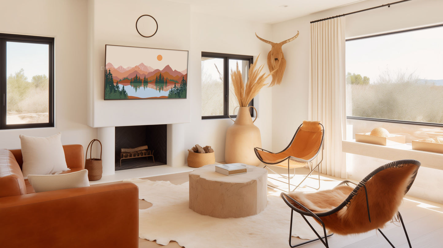 Boho Abstract Landscape 4K TV Art | Mid Century Modern Mountains Lake 4K TV Art