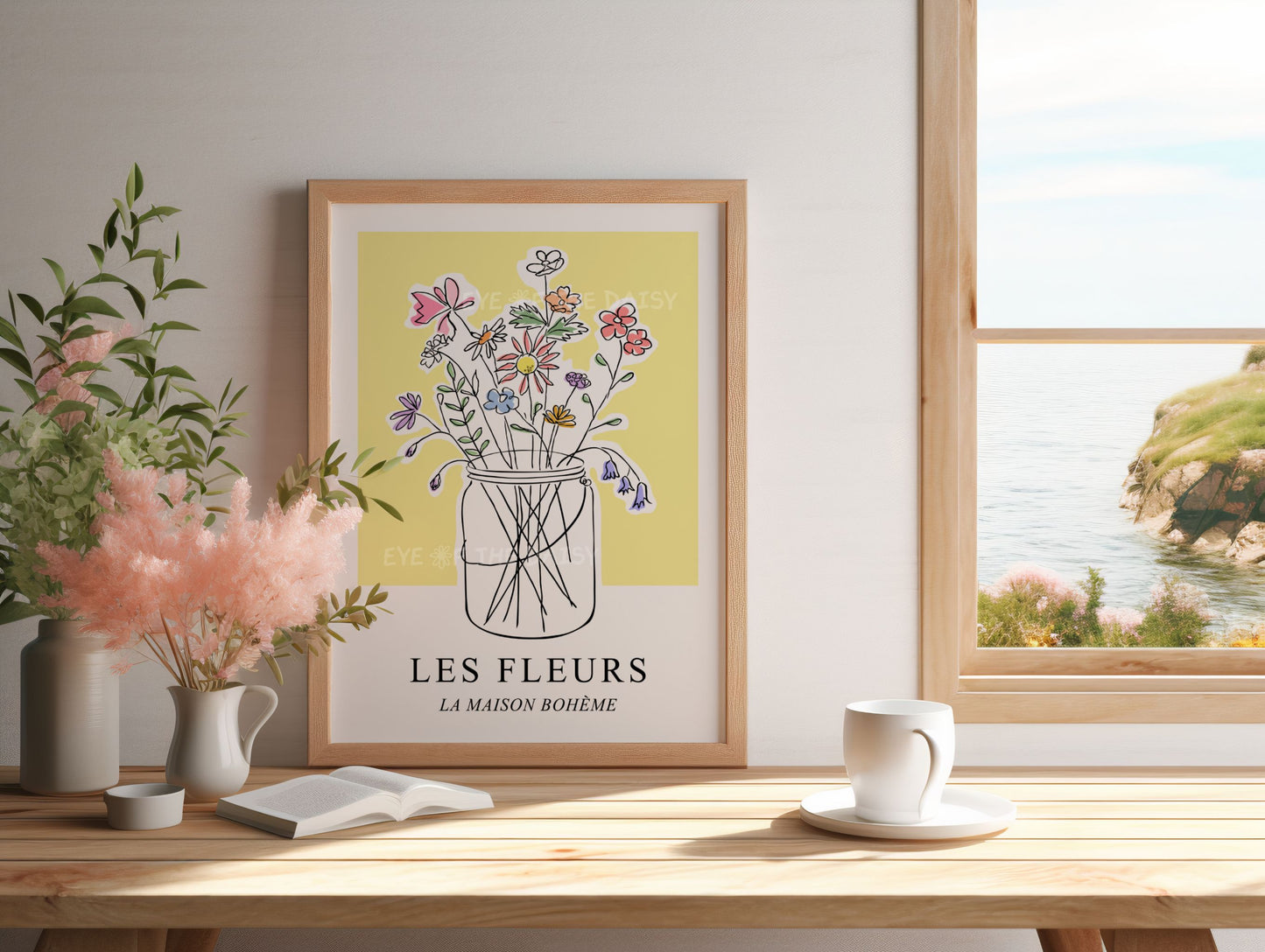 Soft floral wall art for home office – pastel wildflower jar sketch on yellow, digital cottagecore print for calm vintage-inspired space