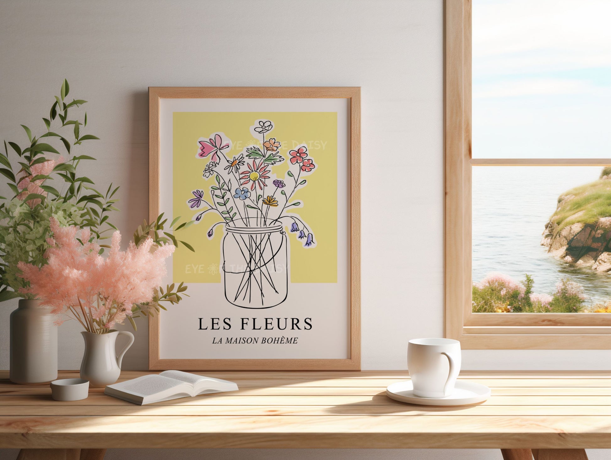 Soft floral wall art for home office – pastel wildflower jar sketch on yellow, digital cottagecore print for calm vintage-inspired space