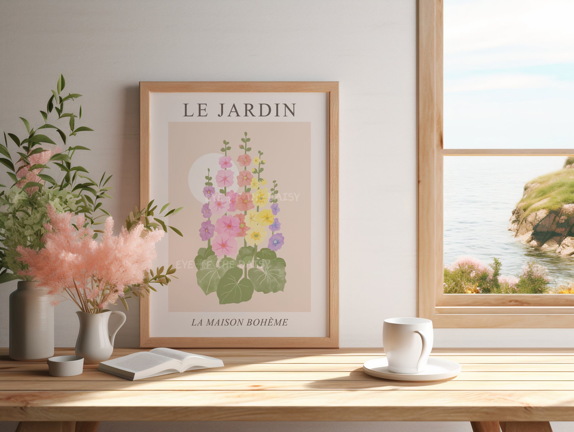 Pastel flowers printable wall art — Hollyhock flowers digital download perfect DIY wall decor for boho farmhouse kitchens or cozy corners