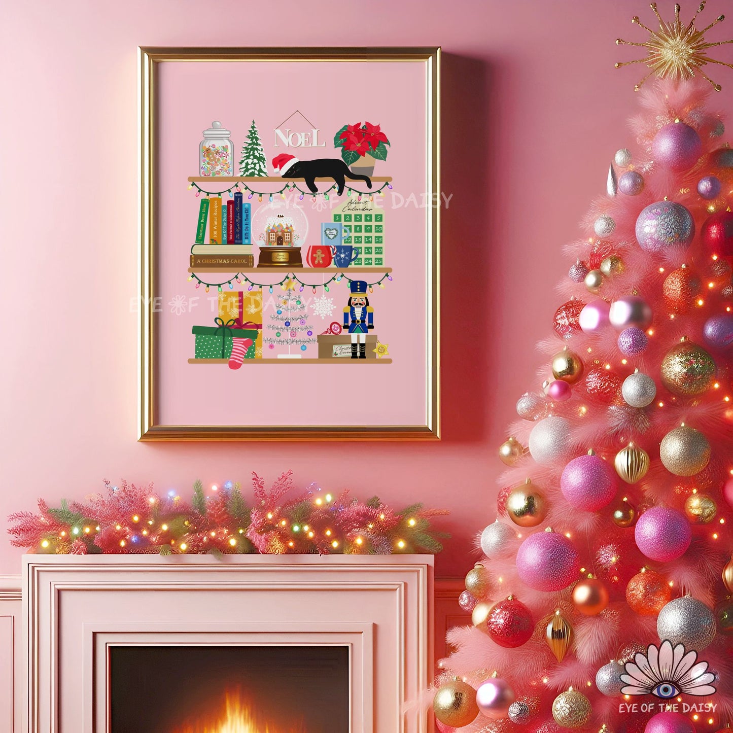 Pink Holiday Shelves Print Digital Download | Christmas Bookshelf Printable Wall Art