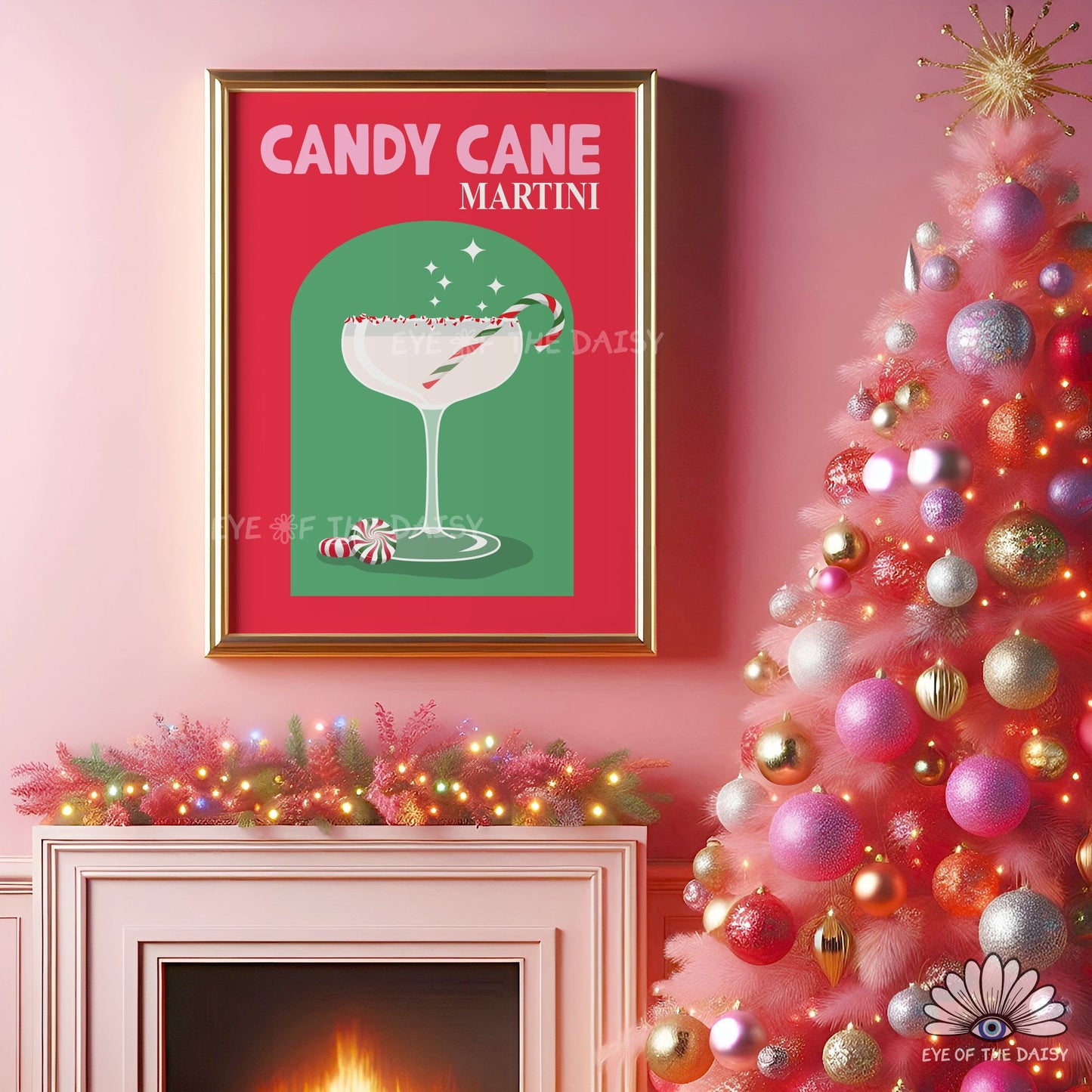 Retro Candy Cane Martini Print Digital Download | Christmas Cocktail Printable Wall Art