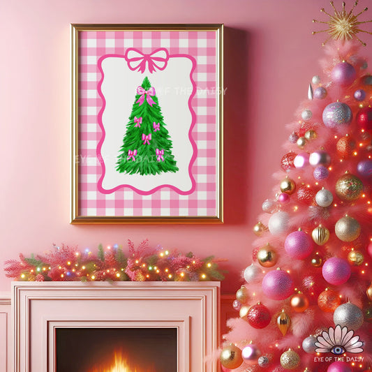 Pink Bows Christmas Tree Digital Print | Vintage Coquette Holiday Printable Wall Art