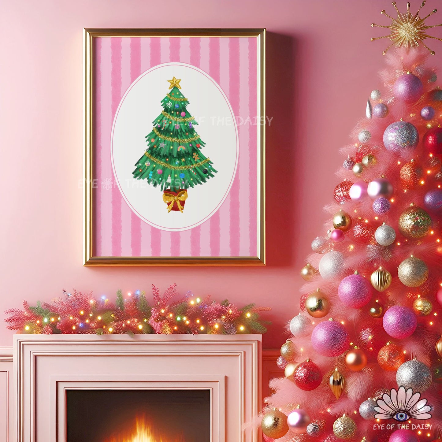 Striped Christmas Tree Print Digital Download | Pink Vintage Holiday Printable Wall Art
