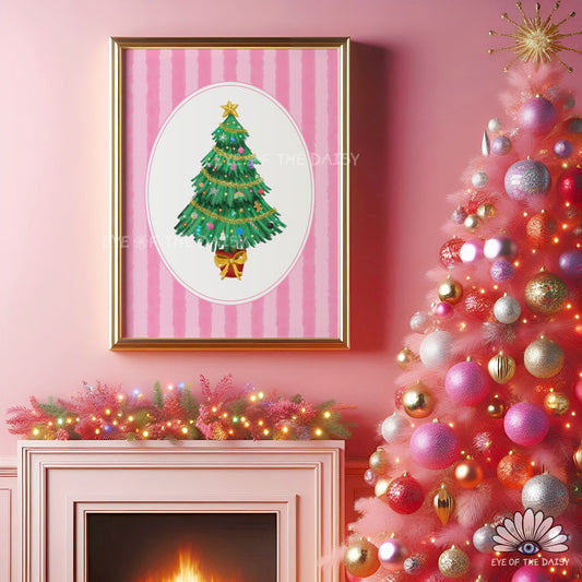 Striped Christmas Tree Print Digital Download | Pink Vintage Holiday Printable Wall Art