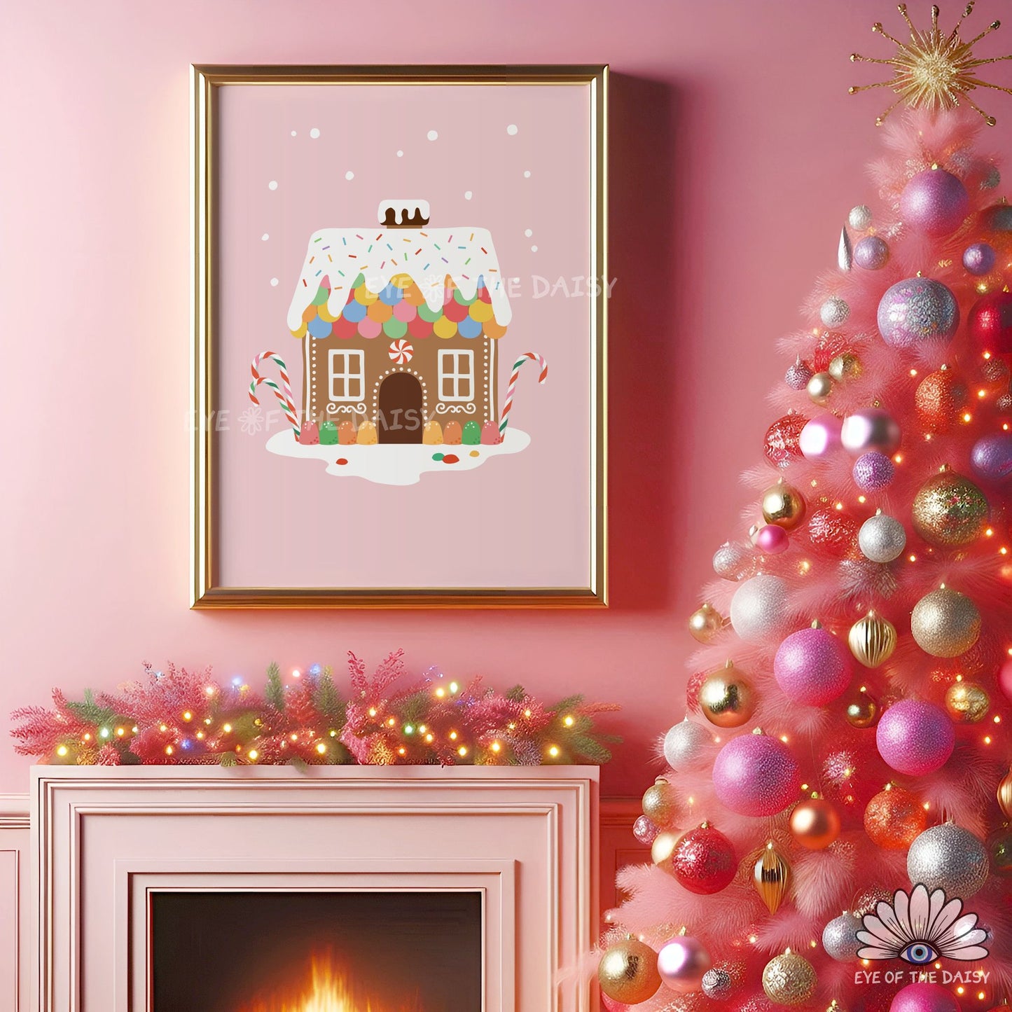Set of 3 Gingerbread House Prints Digital Download | Pink Christmas Printable Wall Art