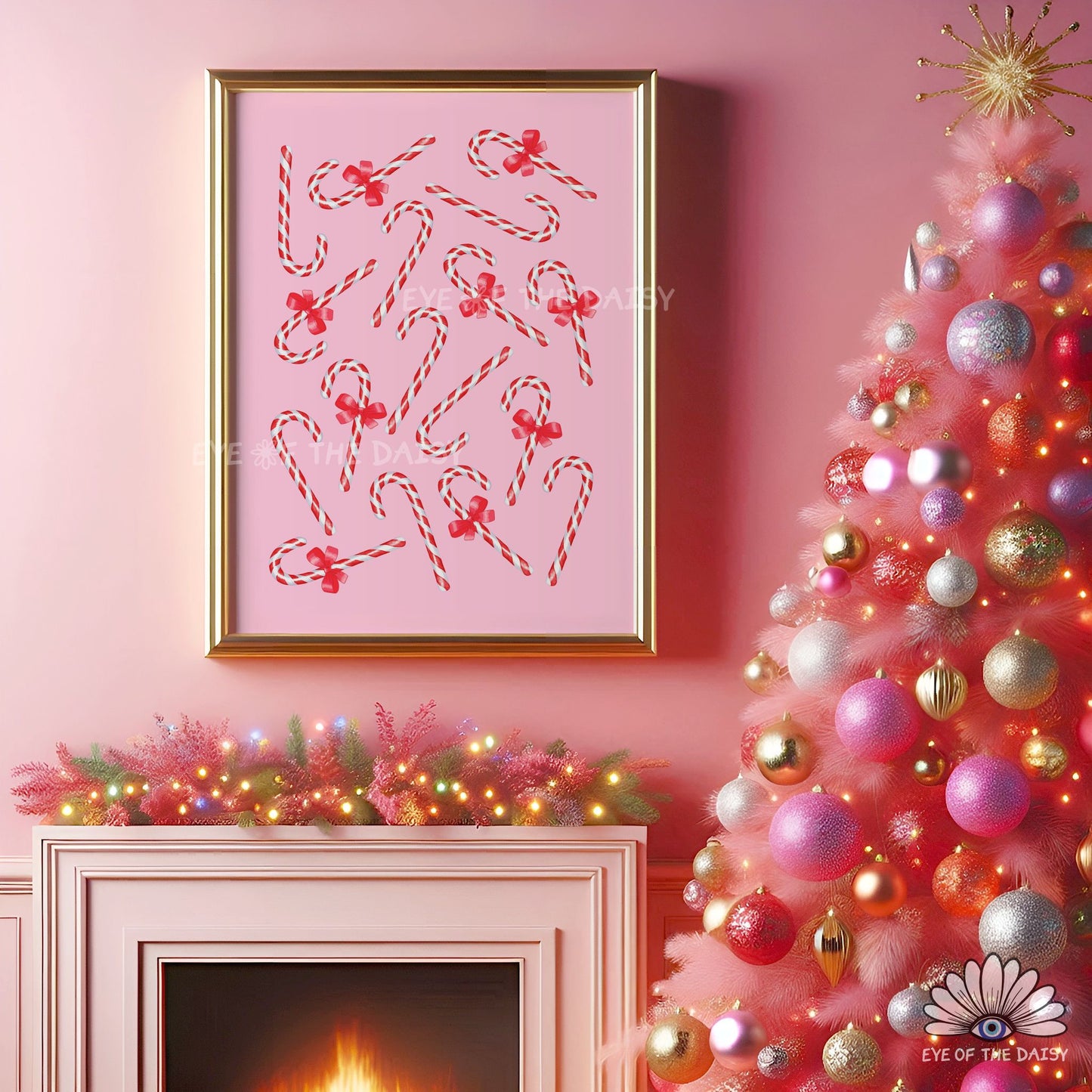 Pink Red Bows Candy Canes Print Download | Cute Whimsical Christmas Printable Wall Art