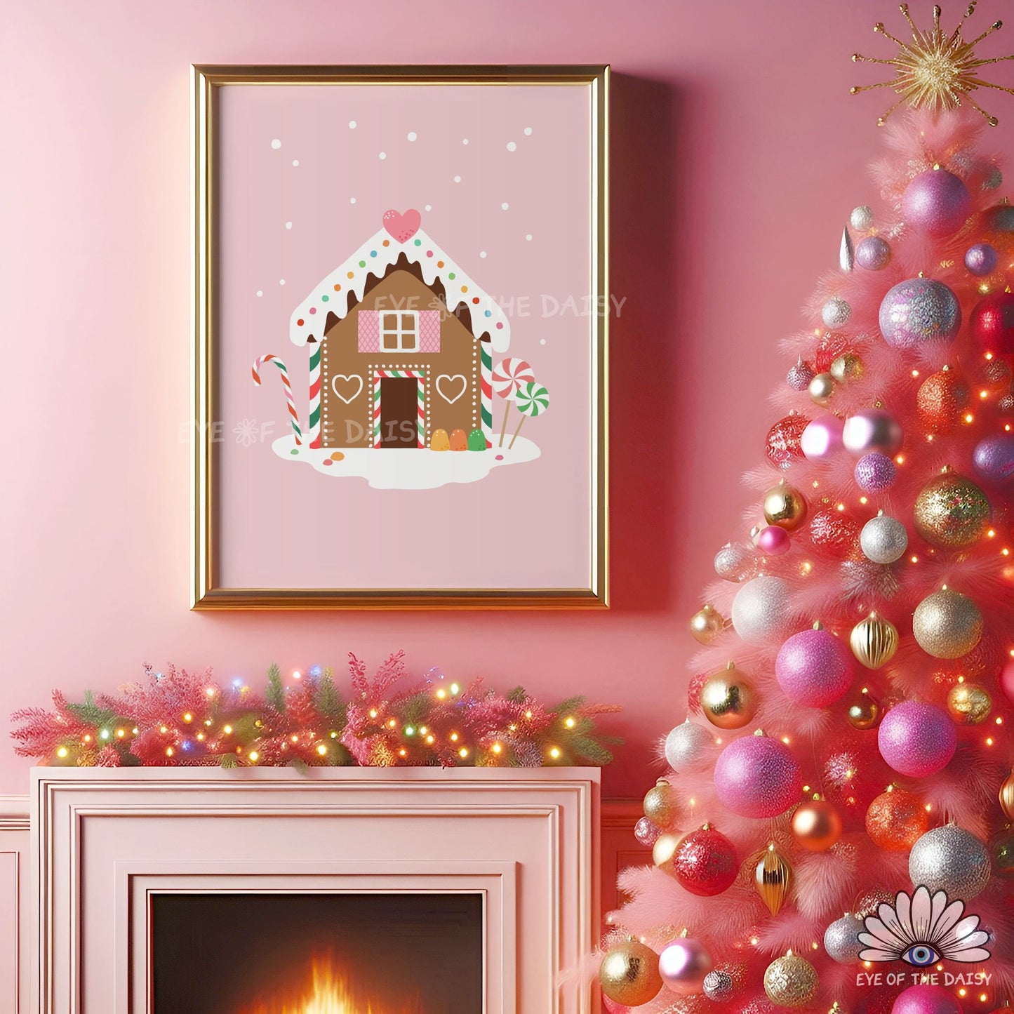 Christmas Gingerbread House Print Digital Download | Pink Holiday Printable Wall Art
