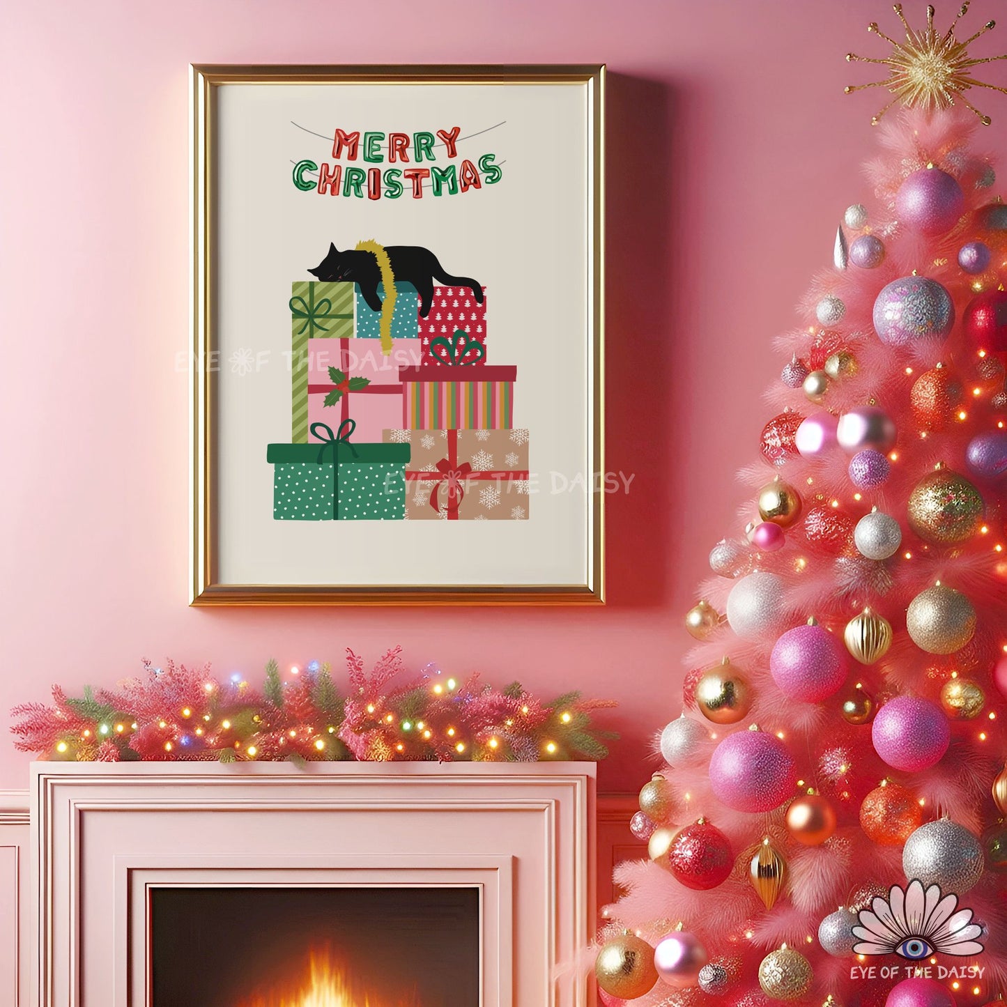 Sleeping Black Cat Print Digital Download | Cute Whimsical Christmas Printable Wall Art