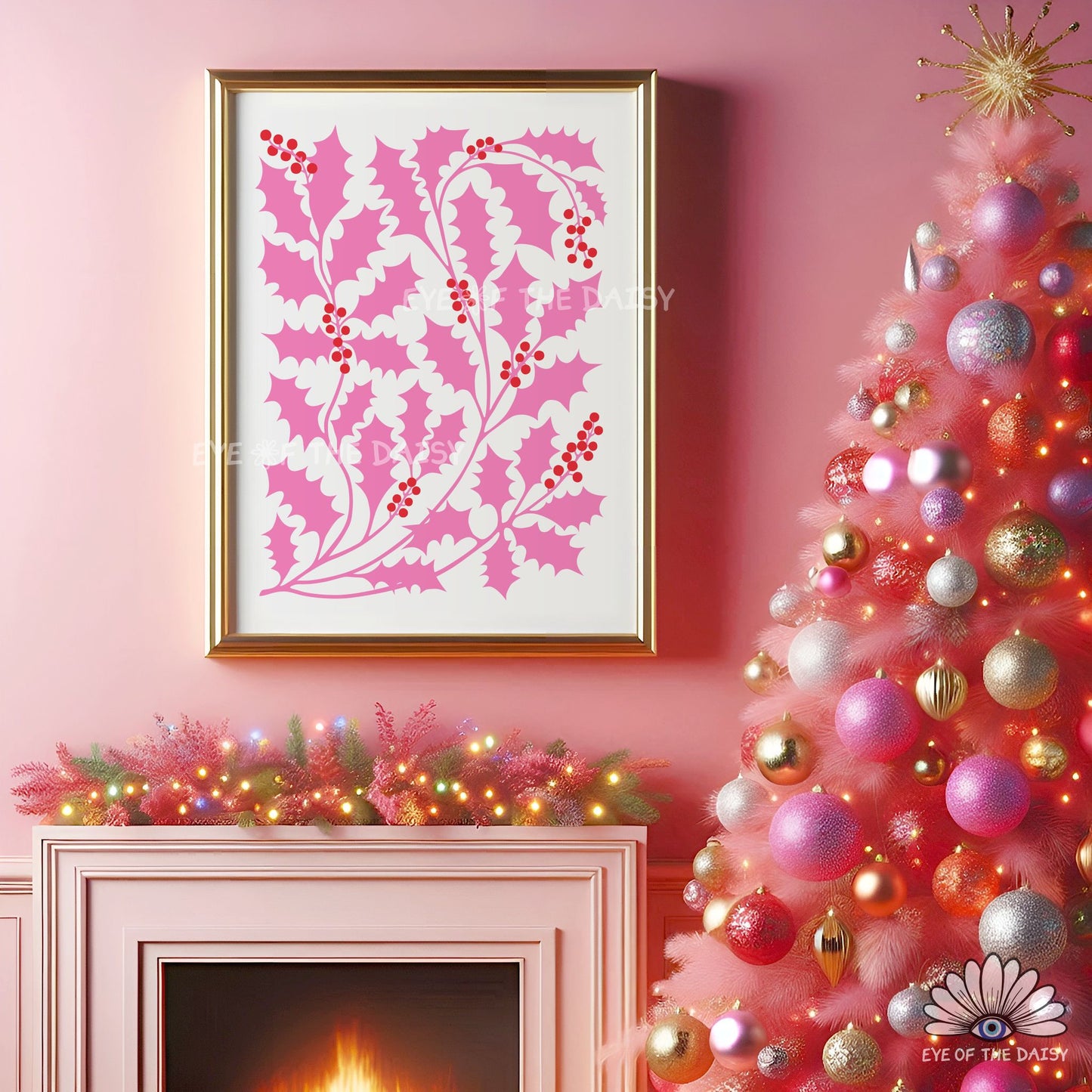 Pink Abstract Holly Print Download | Vibrant Modern Christmas Printable Wall Art