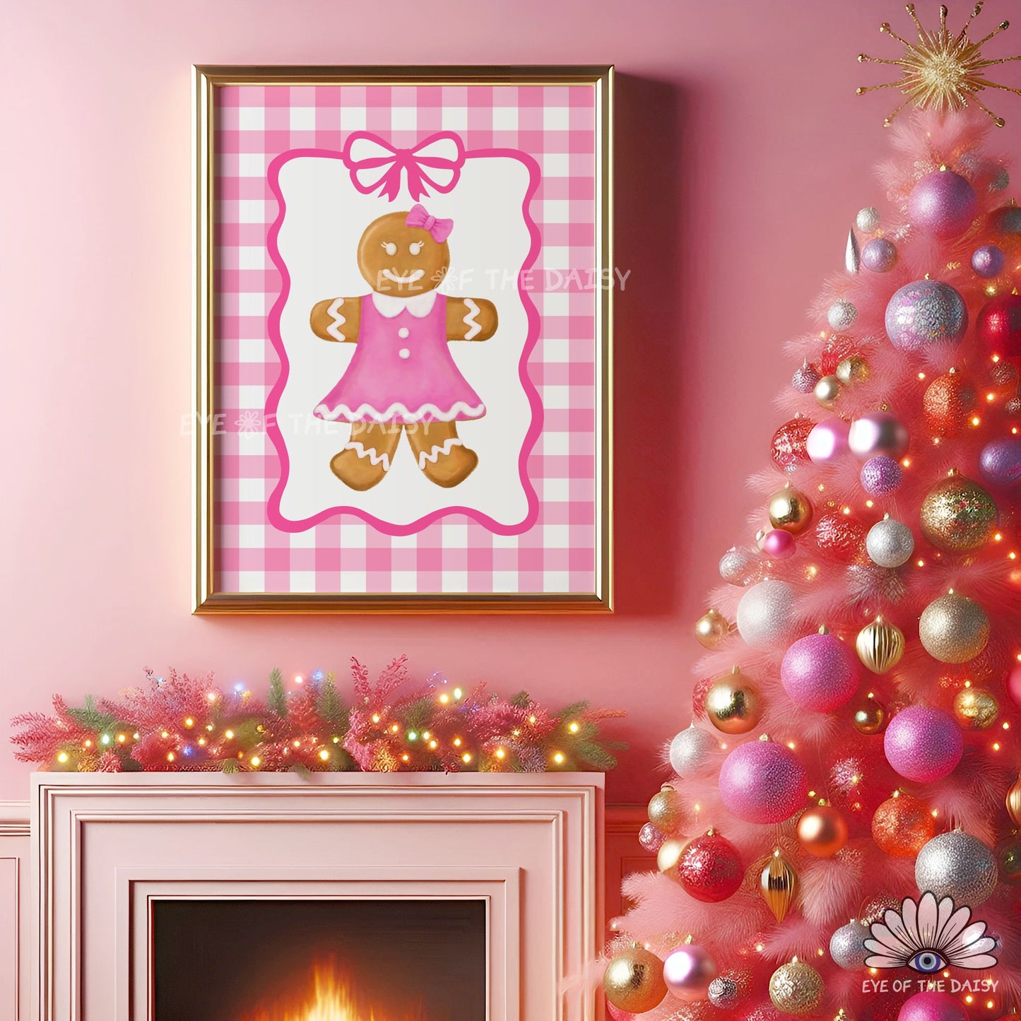 Cute Gingerbread Woman Print Digital Download | Coquette Pink Holiday Printable Wall Art