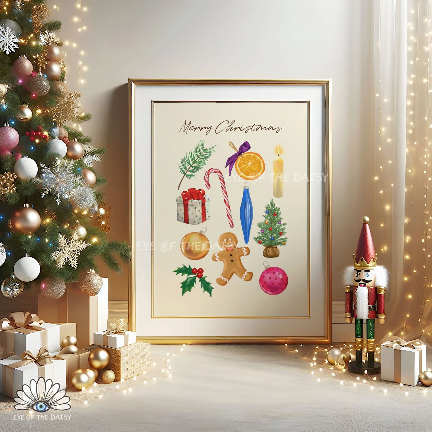 Christmas Watercolour Illustrations Print Download | Colourful Classic Holiday Printable Wall Art