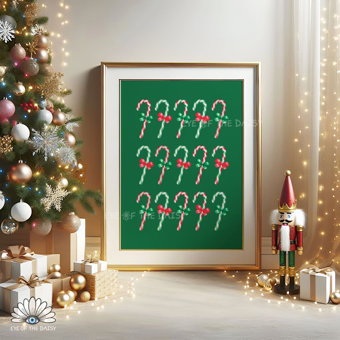 Red Green Watercolour Bows Candy Canes Print | Traditional Holiday Printable Wall Art