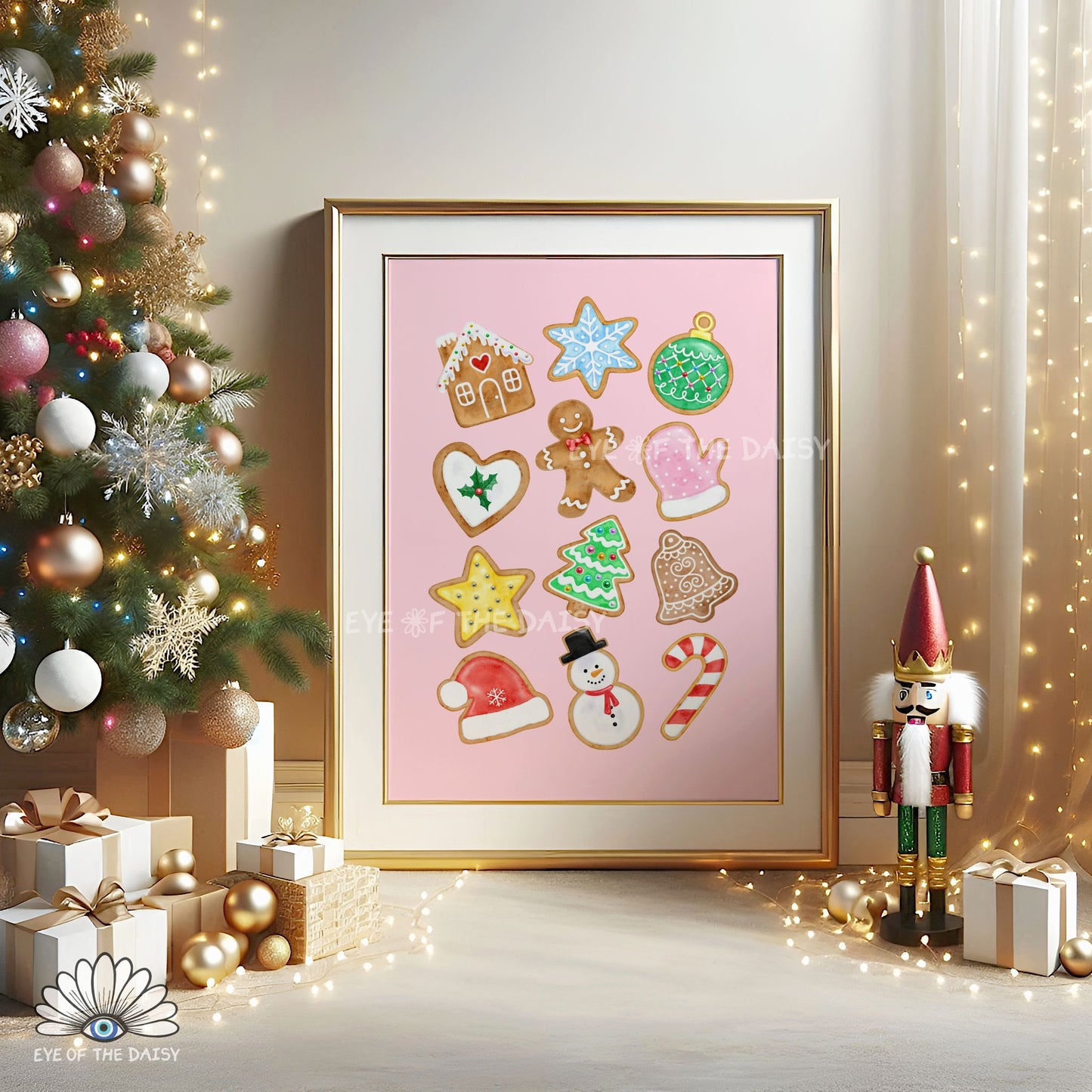 Gingerbread Cookies Print Digital Download | Pink Christmas Kitchen Printable Wall Art