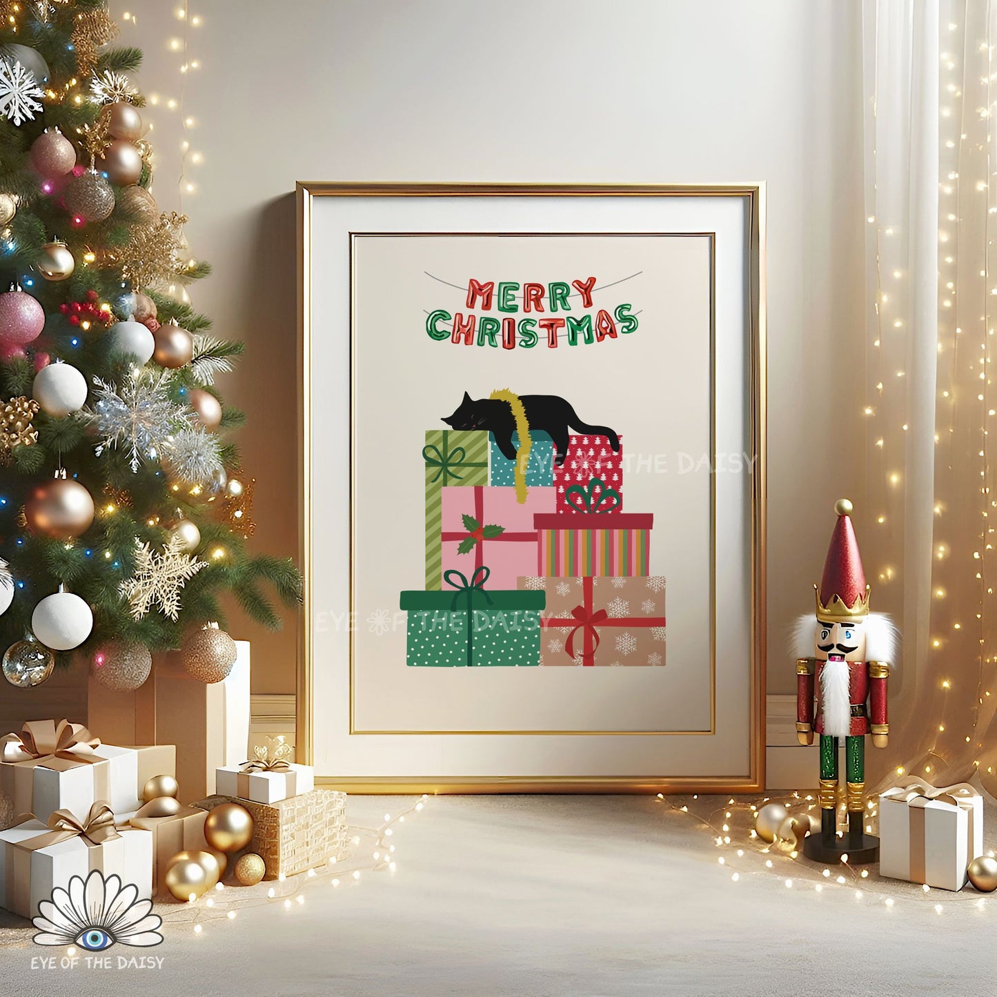 Sleeping Black Cat Print Digital Download | Cute Whimsical Christmas Printable Wall Art