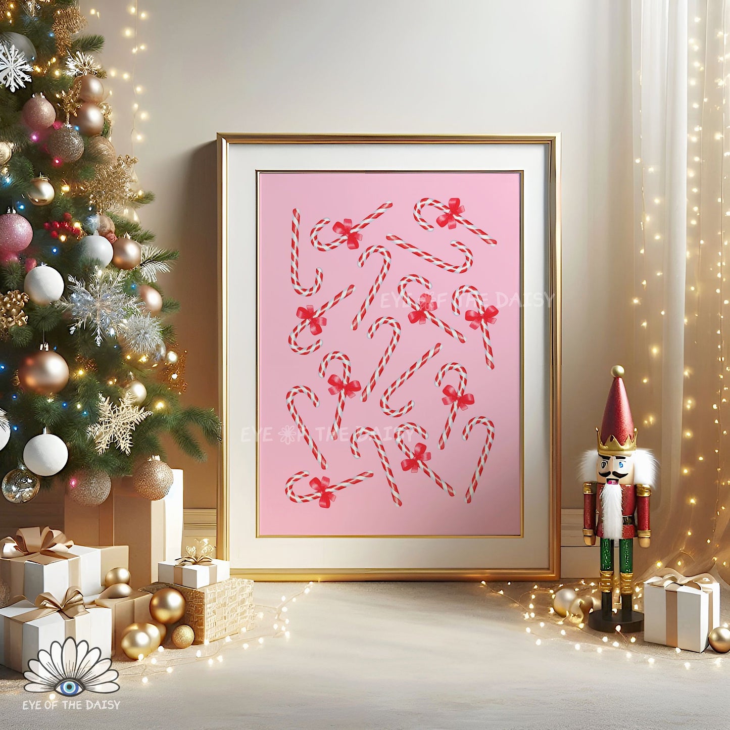 Pink Red Bows Candy Canes Print Download | Cute Whimsical Christmas Printable Wall Art