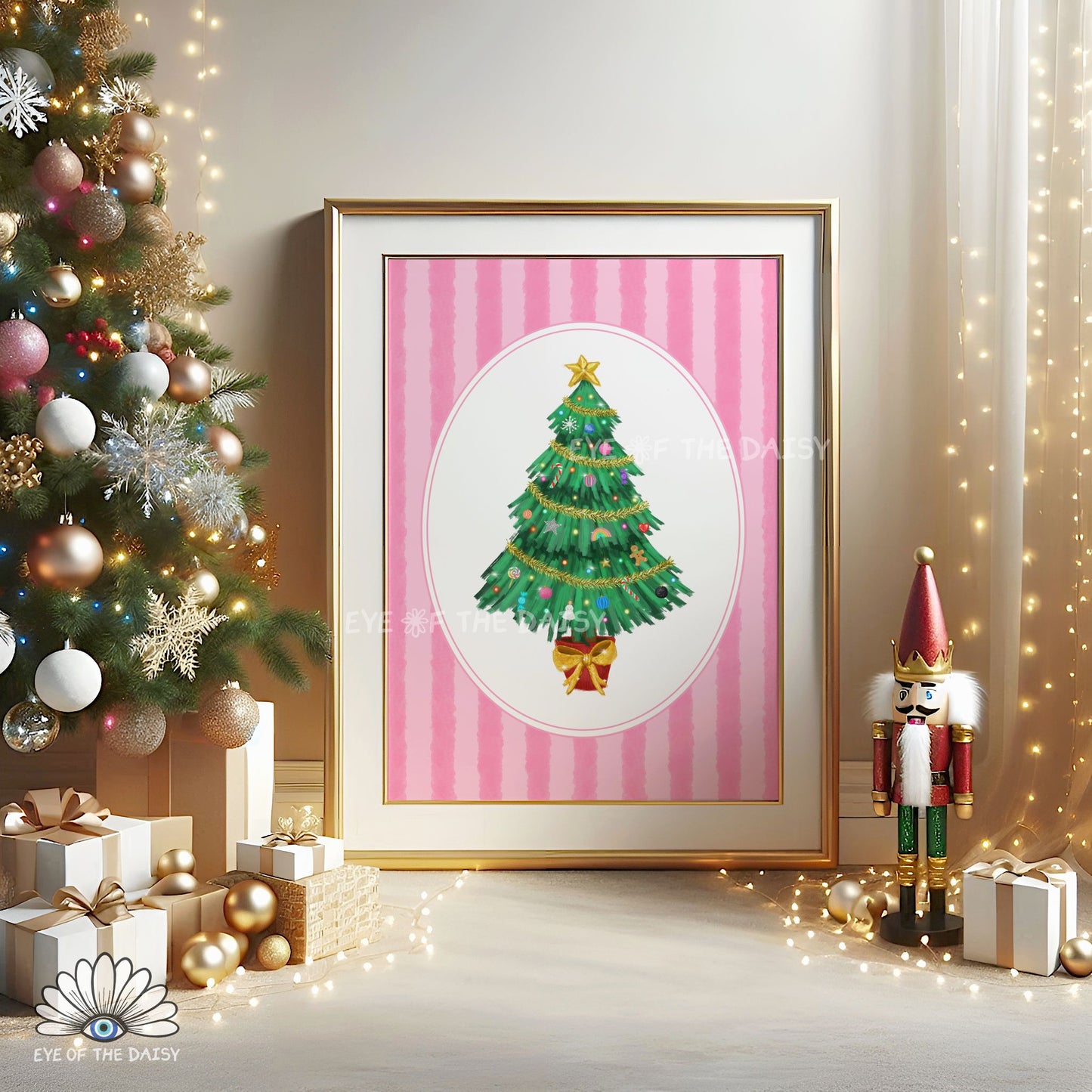 Striped Christmas Tree Print Digital Download | Pink Vintage Holiday Printable Wall Art