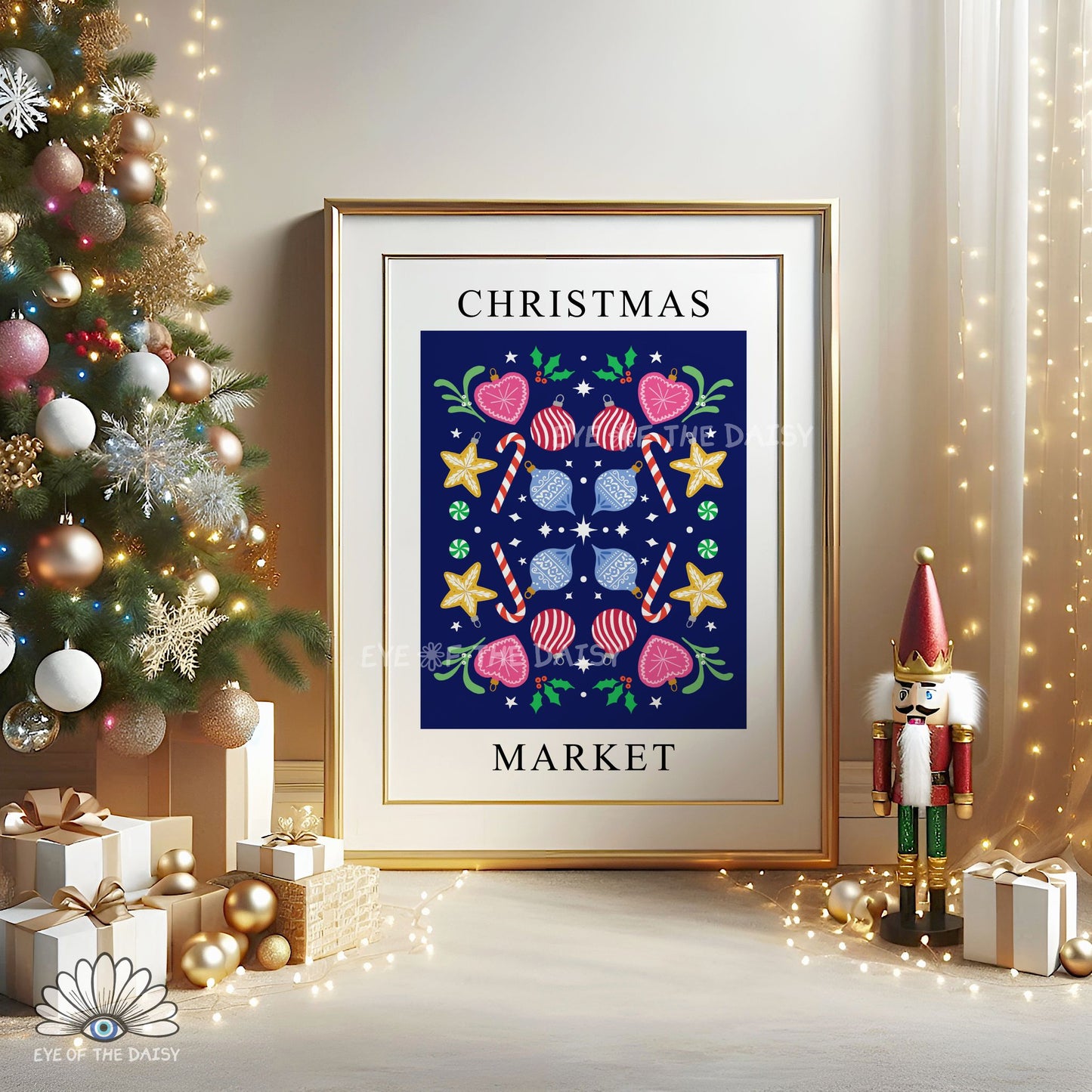 Christmas Market Digital Art Print | Nordic Folk Art Holiday Decor | Printable Wall Art