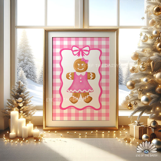 Cute Gingerbread Woman Print Digital Download | Coquette Pink Holiday Printable Wall Art