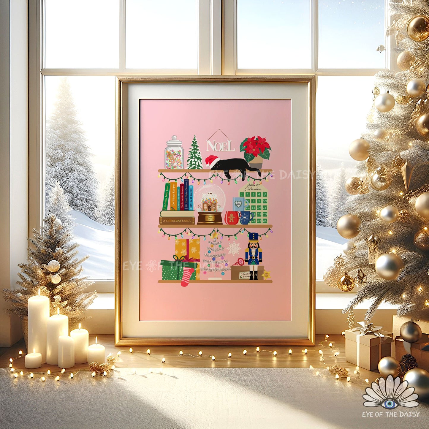 Pink Holiday Shelves Print Digital Download | Christmas Bookshelf Printable Wall Art