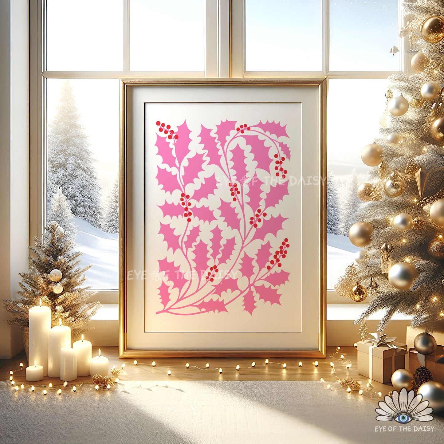Pink Abstract Holly Print Download | Vibrant Modern Christmas Printable Wall Art