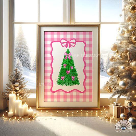 Pink Bows Christmas Tree Digital Print | Vintage Coquette Holiday Printable Wall Art