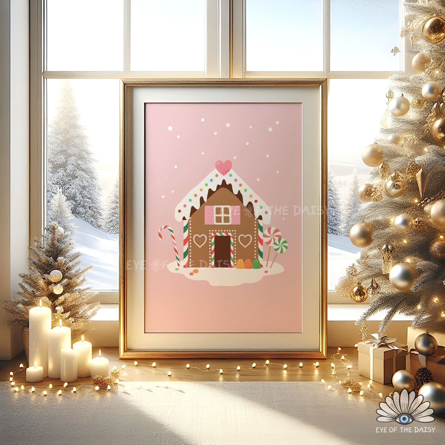 Christmas Gingerbread House Print Digital Download | Pink Holiday Printable Wall Art