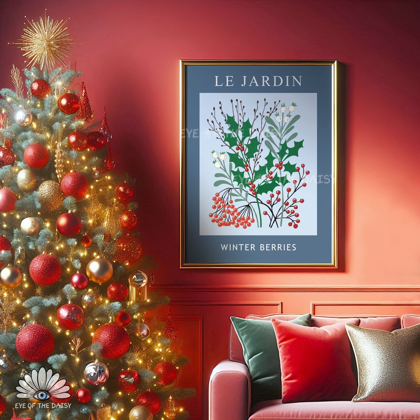 Navy Blue Winter Berries Print Digital Download | Vintage Winter Botanical Printable Wall Art