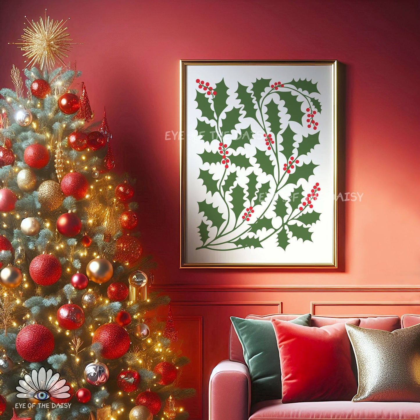 Abstract Holly Christmas Print Download | Red Green Traditional Holiday Printable Wall Art