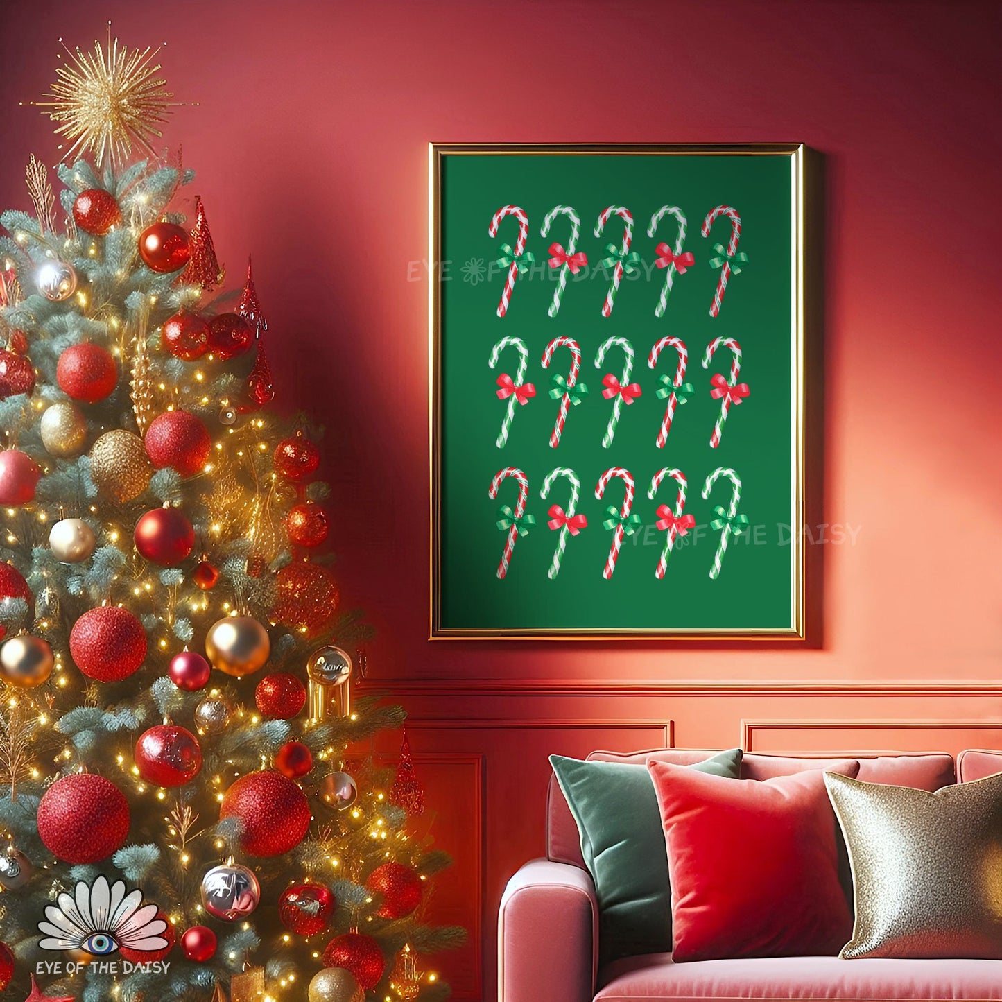 Red Green Watercolour Bows Candy Canes Print | Traditional Holiday Printable Wall Art