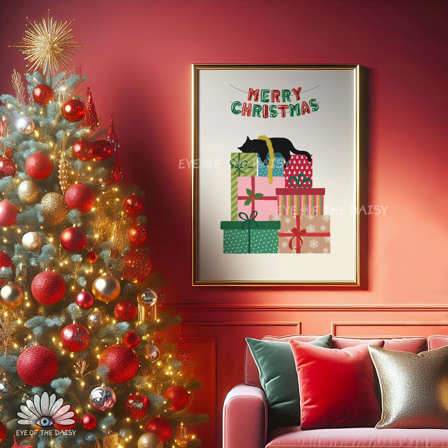 Sleeping Black Cat Print Digital Download | Cute Whimsical Christmas Printable Wall Art