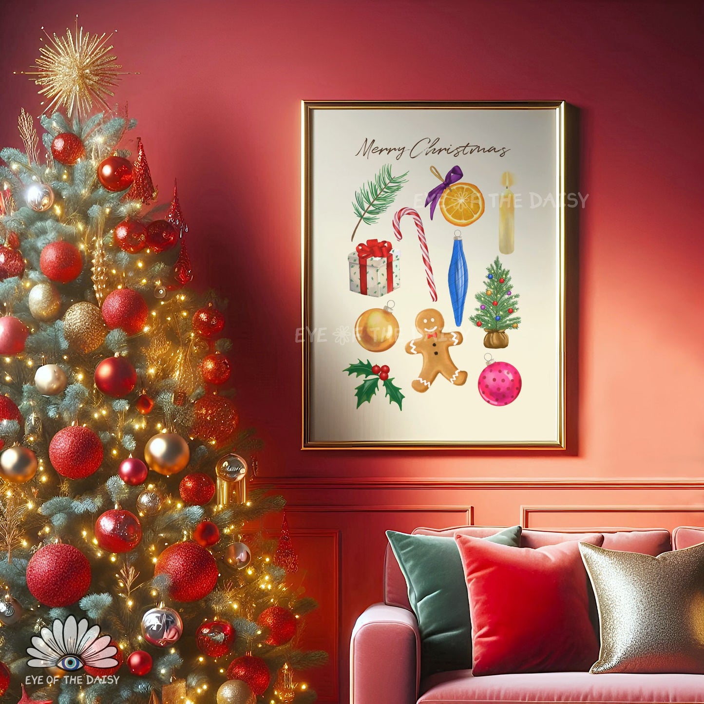 Christmas Watercolour Illustrations Print Download | Colourful Classic Holiday Printable Wall Art