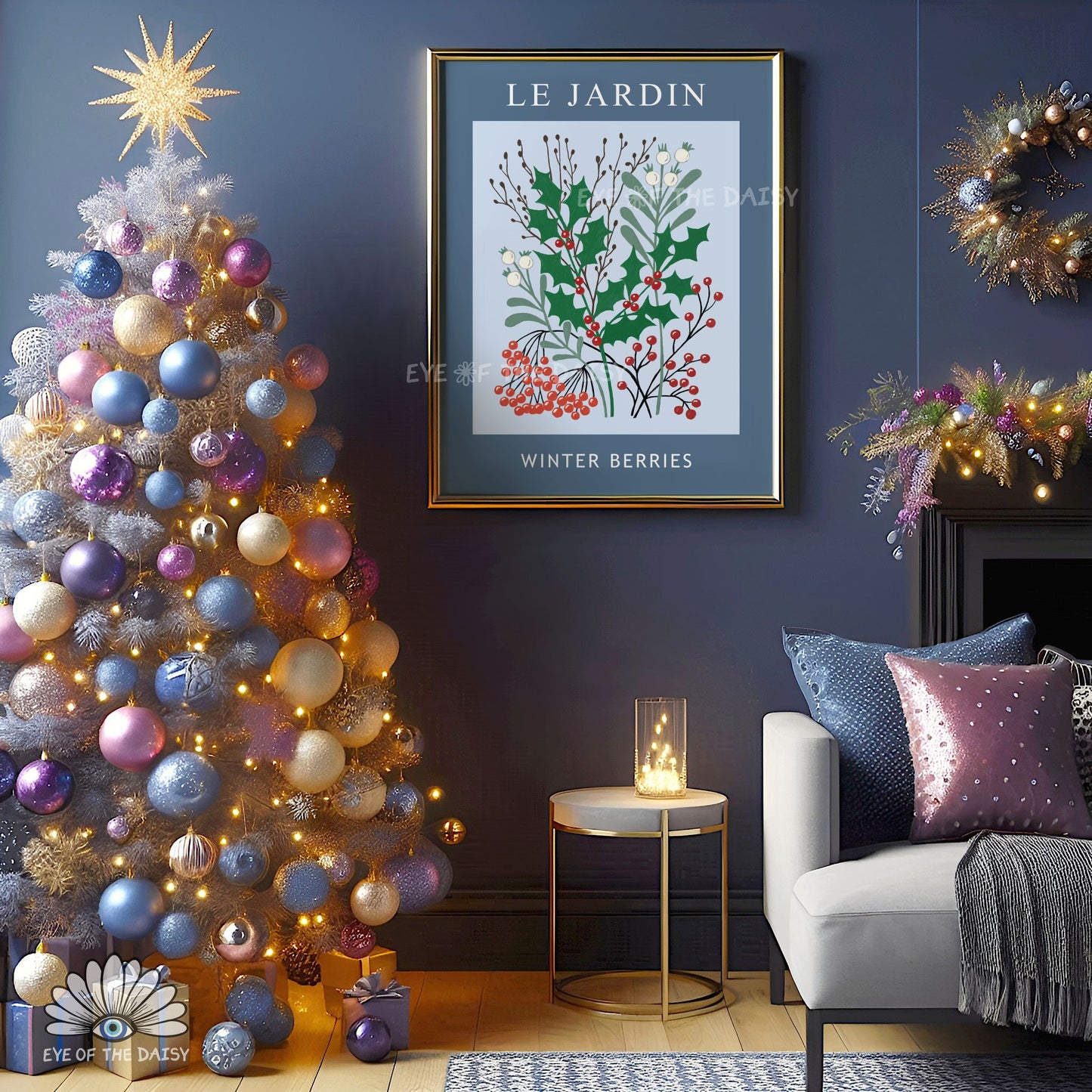 Navy Blue Winter Berries Print Digital Download | Vintage Winter Botanical Printable Wall Art