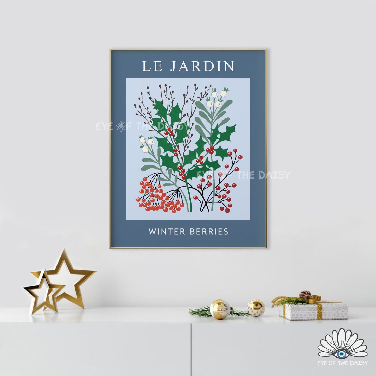 Navy Blue Winter Berries Print Digital Download | Vintage Winter Botanical Printable Wall Art