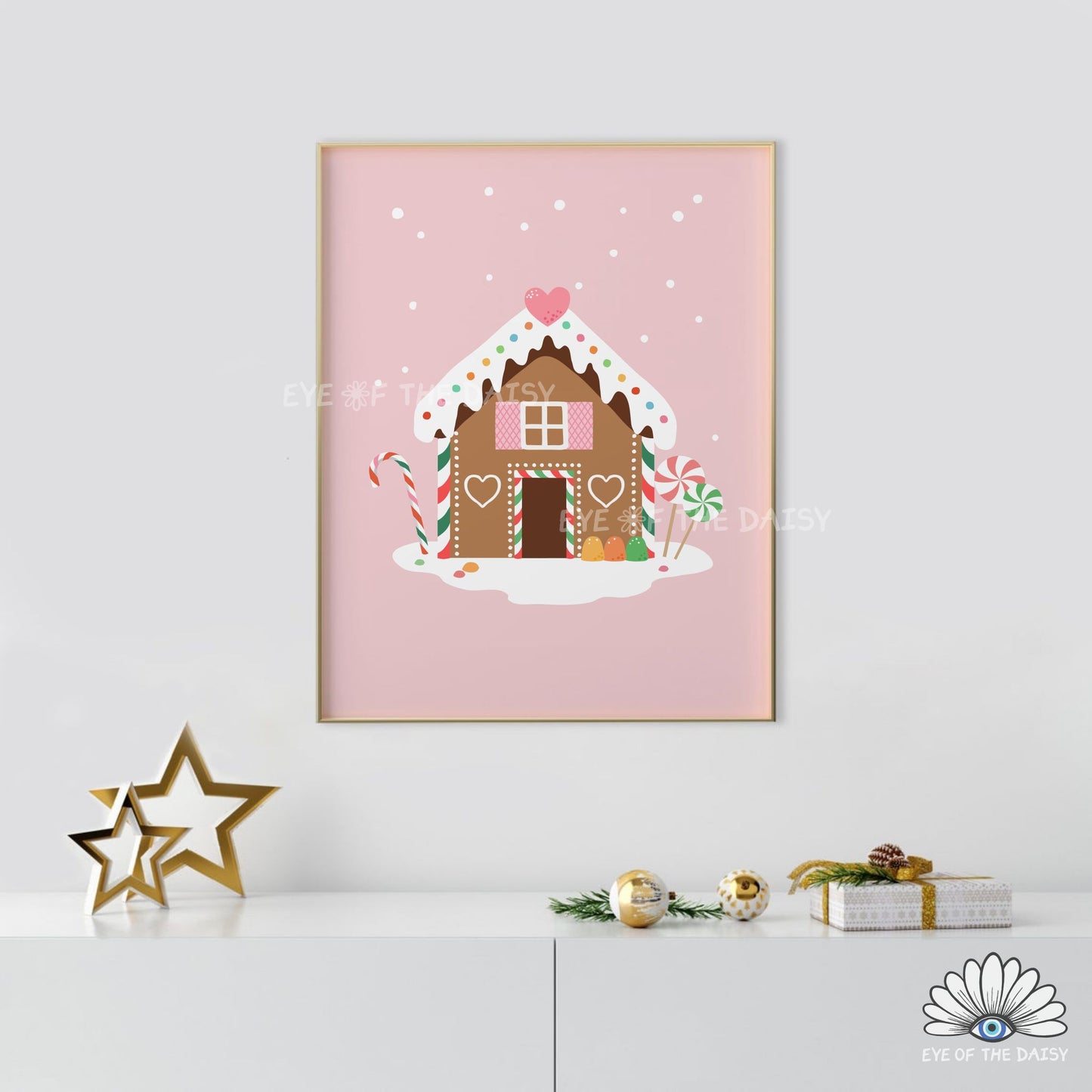 Christmas Gingerbread House Print Digital Download | Pink Holiday Printable Wall Art
