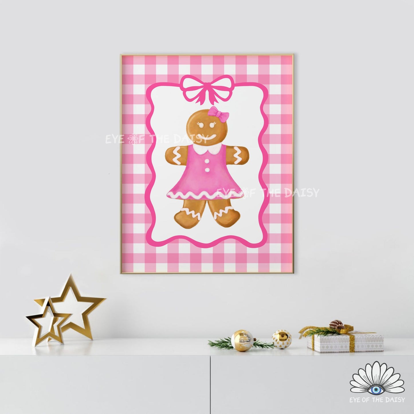 Cute Gingerbread Woman Print Digital Download | Coquette Pink Holiday Printable Wall Art