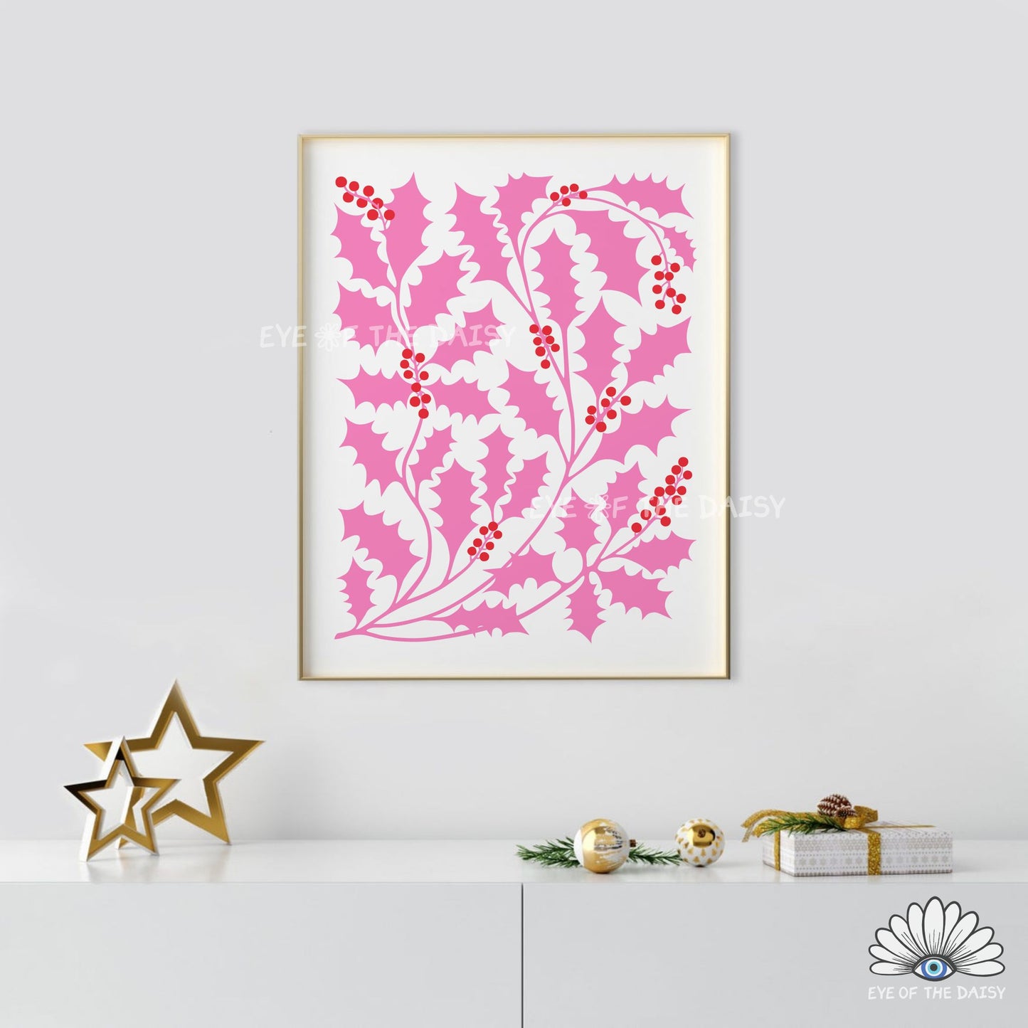 Pink Abstract Holly Print Download | Vibrant Modern Christmas Printable Wall Art