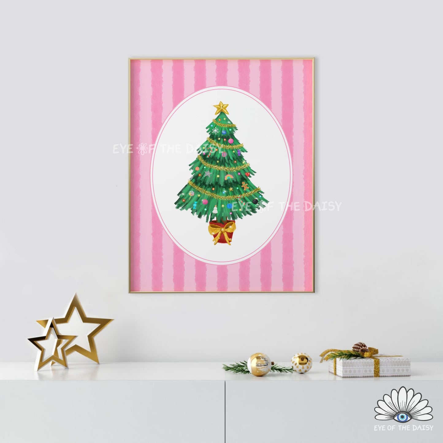 Striped Christmas Tree Print Digital Download | Pink Vintage Holiday Printable Wall Art