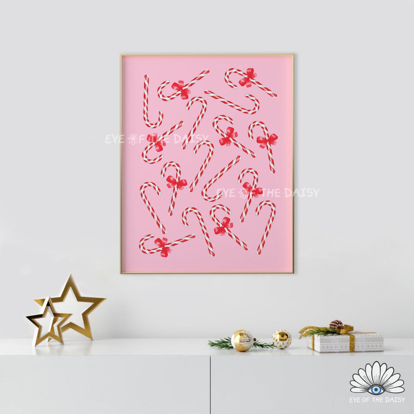 Pink Red Bows Candy Canes Print Download | Cute Whimsical Christmas Printable Wall Art
