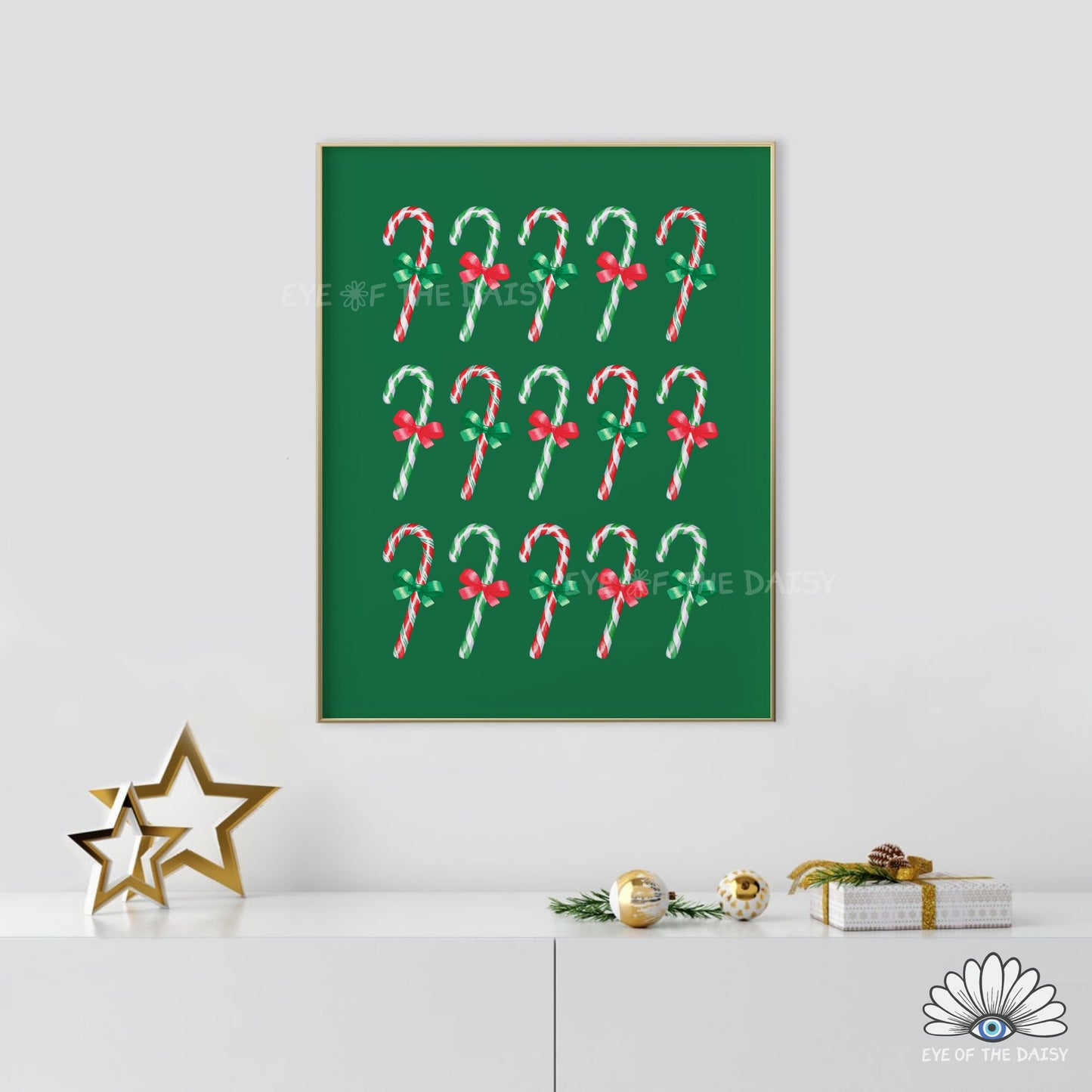 Red Green Watercolour Bows Candy Canes Print | Traditional Holiday Printable Wall Art
