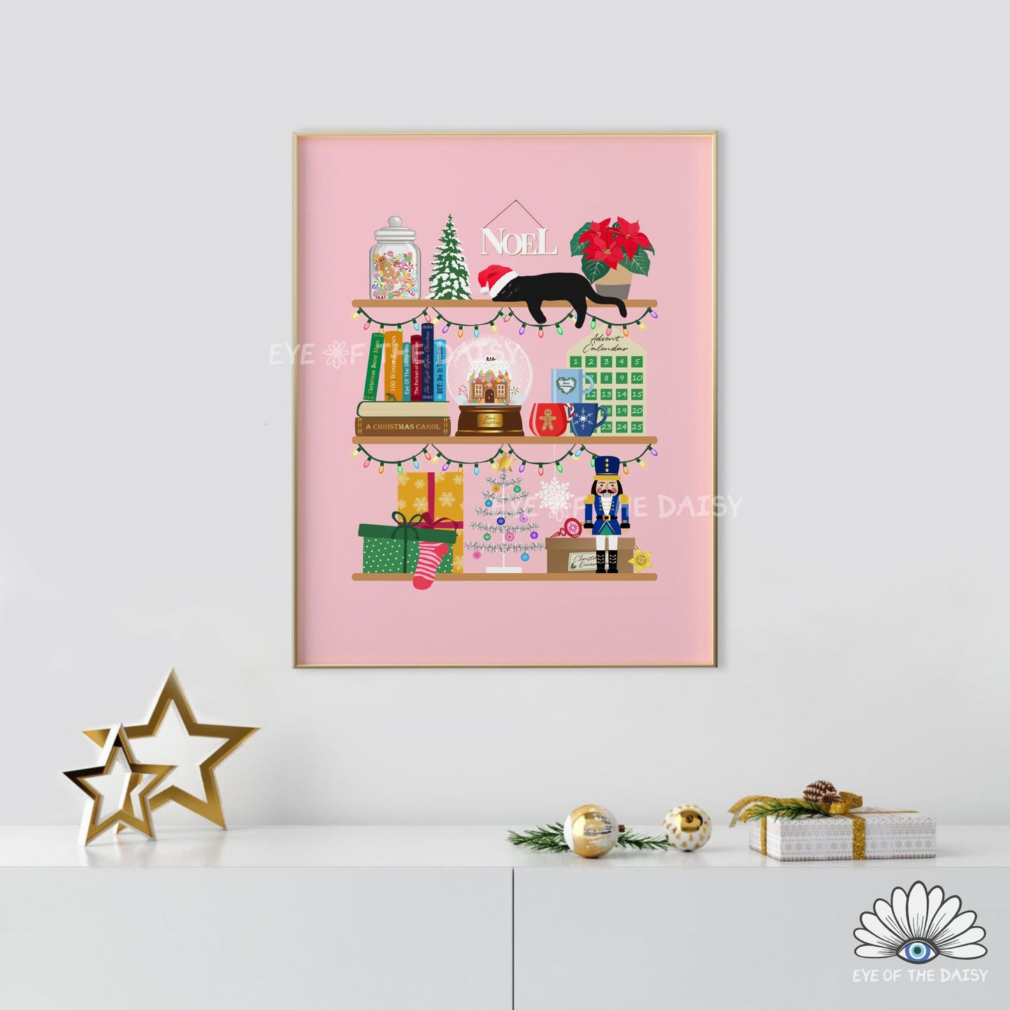 Pink Holiday Shelves Print Digital Download | Christmas Bookshelf Printable Wall Art