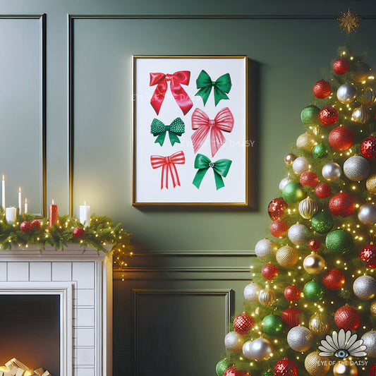 Christmas Bows Print Digital Download | Traditional Holiday Ribbons Printable Wall Art