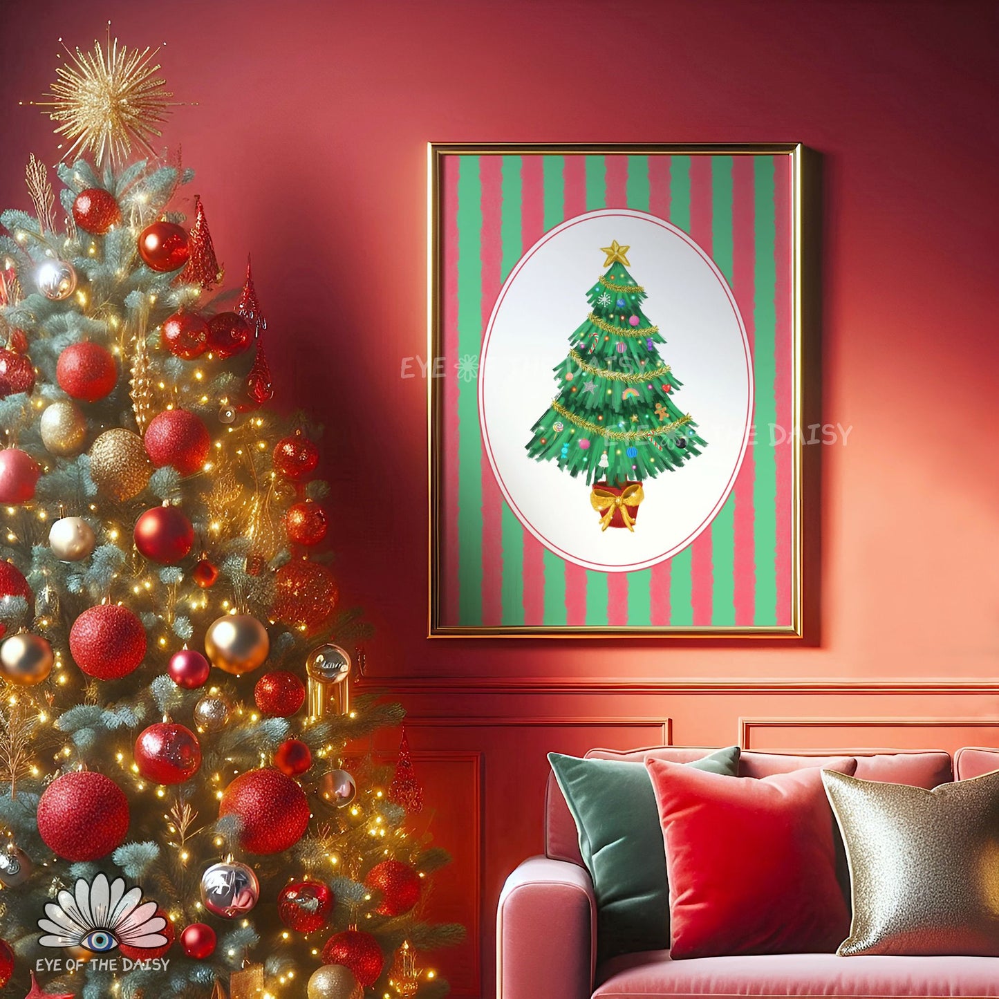 Striped Christmas Tree Print Digital Download | Vintage Holiday Printable Wall Art