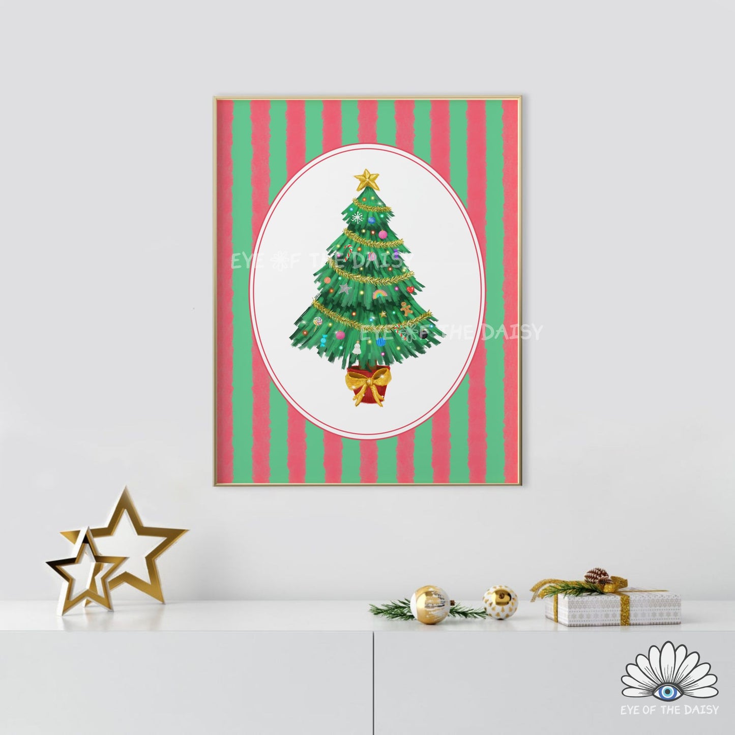 Striped Christmas Tree Print Digital Download | Vintage Holiday Printable Wall Art