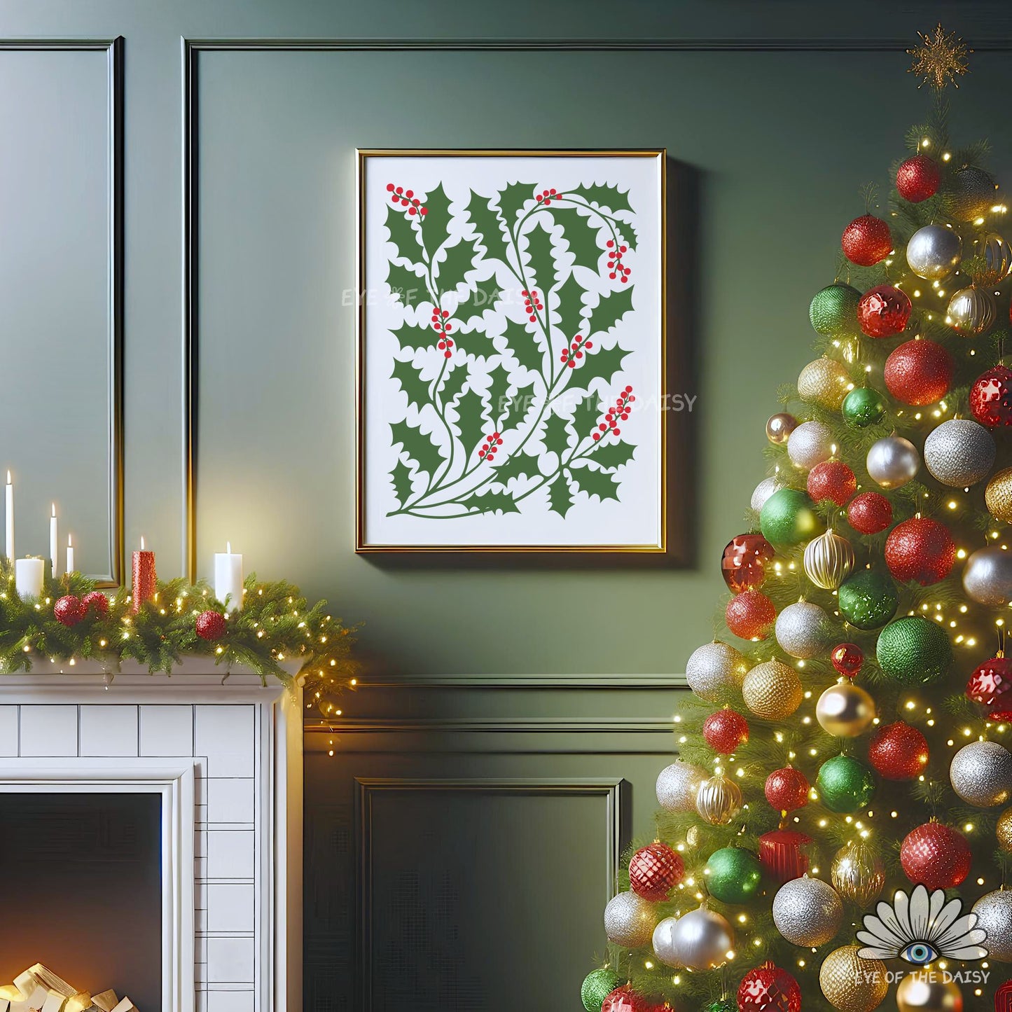 Abstract Holly Christmas Print Download | Red Green Traditional Holiday Printable Wall Art
