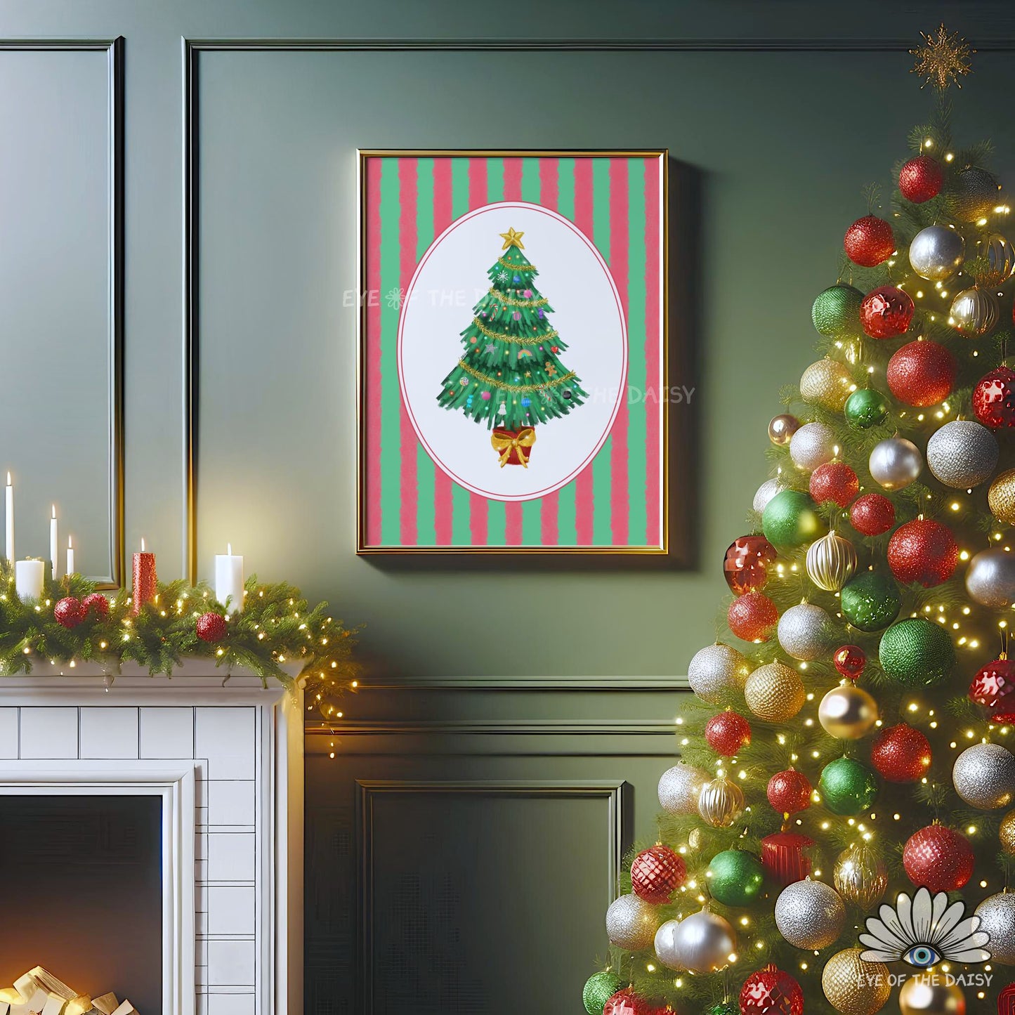 Striped Christmas Tree Print Digital Download | Vintage Holiday Printable Wall Art