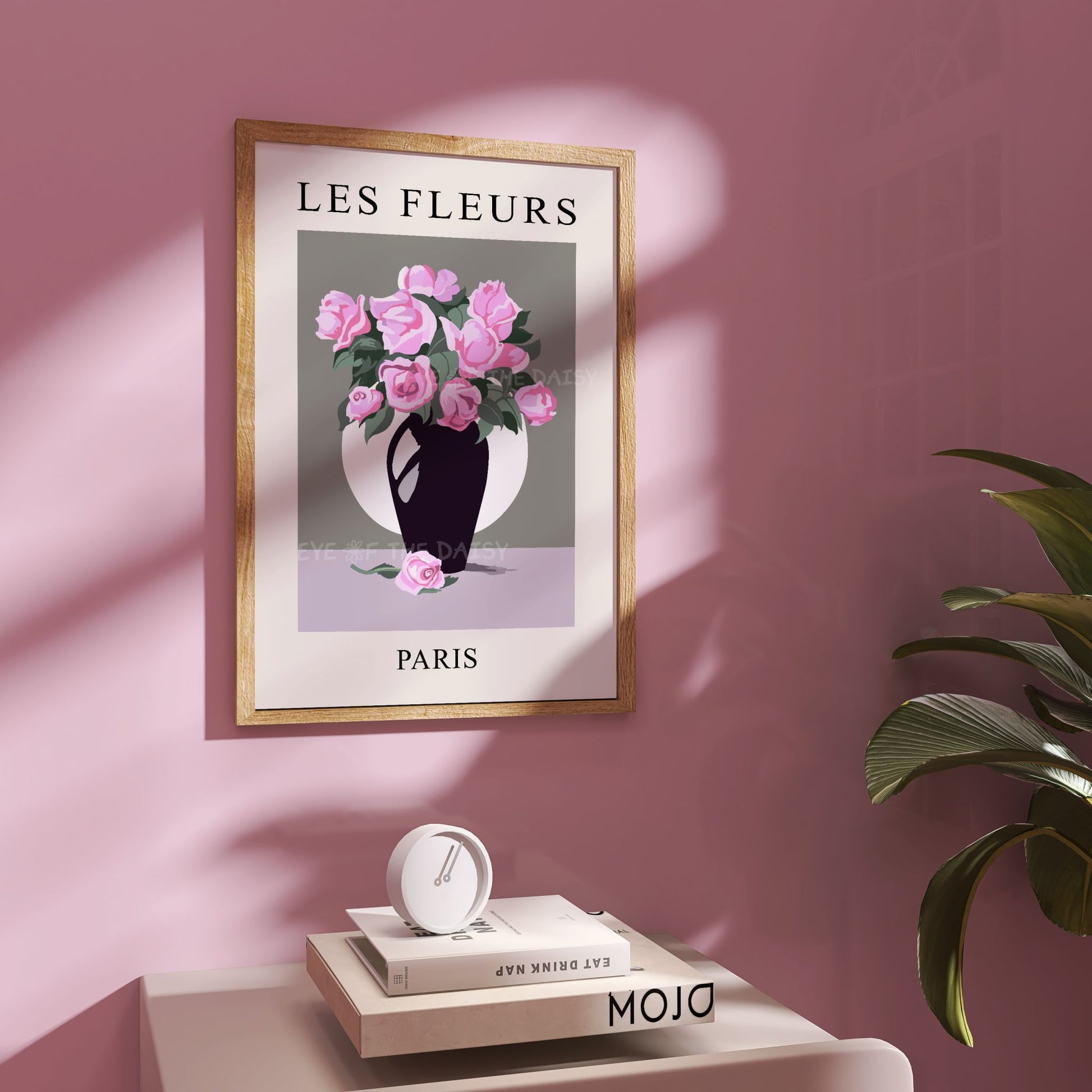 Printable Les Fleurs rose vase poster — vintage floral wall art download, ideal for boho living rooms or coquette bedroom spaces